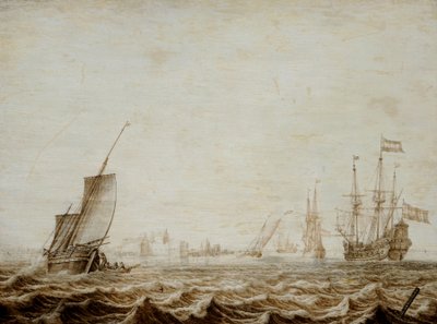 Een Wijdschip dat zeil strijkt in een woelige zee, midden 17e eeuw door Heerman Witmont