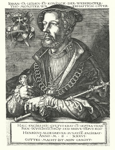 Jan van Leiden, Nederlandse wederdoper en een van de leiders van de Münsterse Opstand van 1534-1535 (gravure) door Heinrich (after) Aldegrever