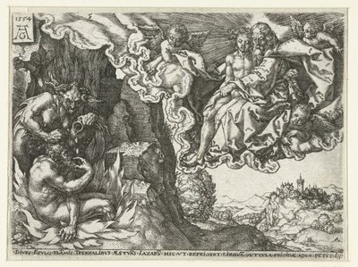 De rijke man in de hel ziet Abraham met Lazarus door Heinrich Aldegrever
