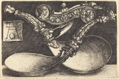 Ontwerpen voor twee lepels en een hondenfluit door Heinrich Aldegrever
