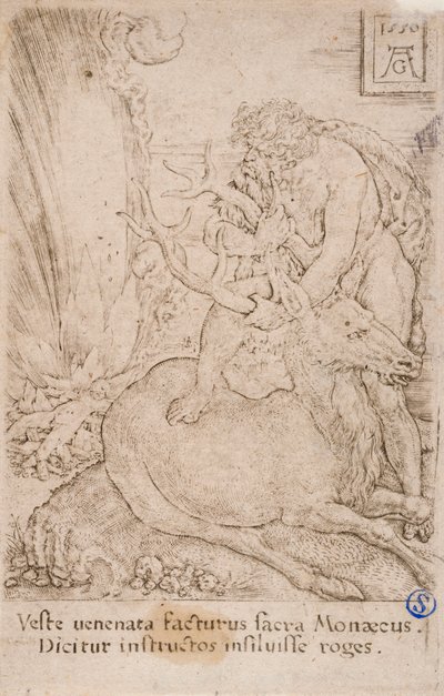Herakles vangt de Ceryneïsche hinde, uit de serie:  De Werken van Herakles (13) door Heinrich Aldegrever