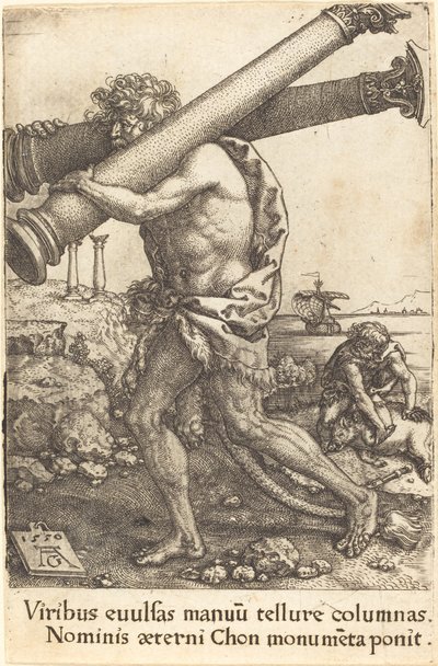 Hercules draagt de twee zuilen van Gaza, 1550 door Heinrich Aldegrever