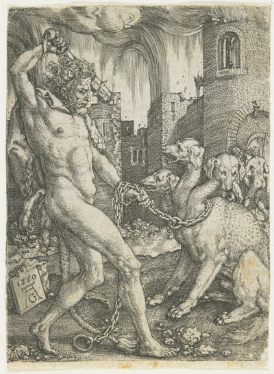 Hercules Ketent Cerberus, 1550 door Heinrich Aldegrever