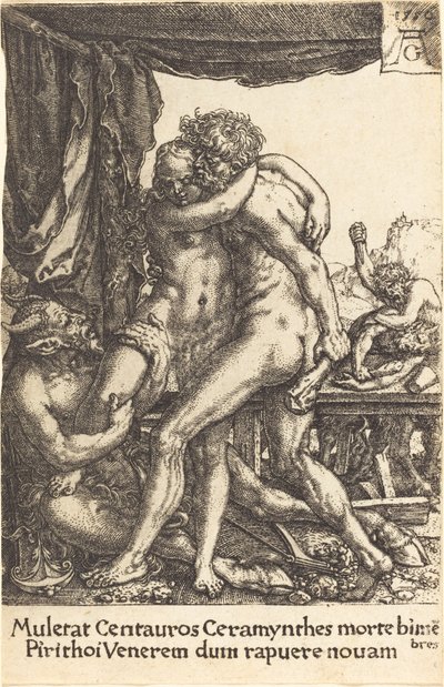 Hercules voorkomt de verkrachting van Hippodamia door de centauren door Heinrich Aldegrever
