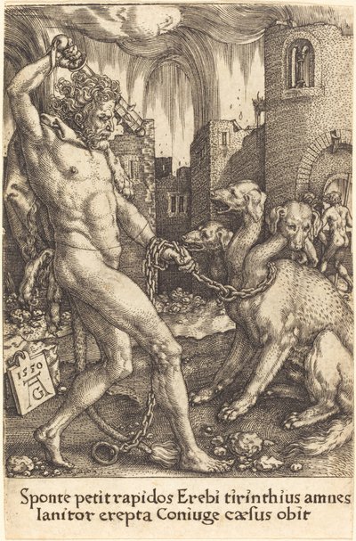 Hercules en Cerberus, 1550 door Heinrich Aldegrever