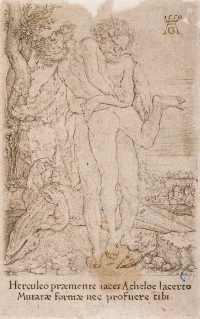 Hercules in gevecht met de riviergod Achelous, uit de serie:  De werken van Hercules (7) door Heinrich Aldegrever