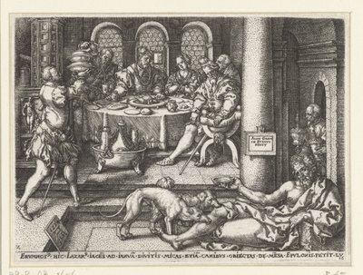 Lazarus bedelt aan de deur van de rijke man door Heinrich Aldegrever