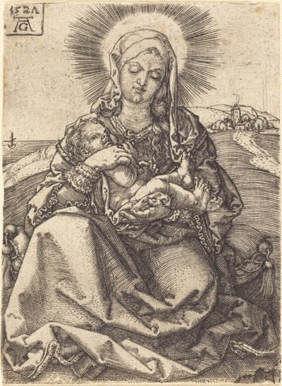 Madonna in een Landschap Zittend op een Kussen door Heinrich Aldegrever
