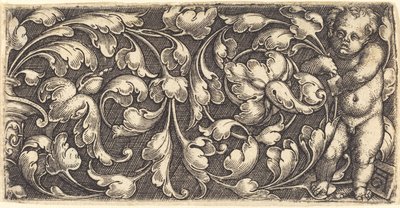 Naakte Baby die een Dubbele Rol van Bladornament Vasthoudt door Heinrich Aldegrever