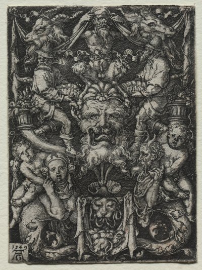 Ornamentontwerp met een masker, een paar tritons en twee kinderen hieronder door Heinrich Aldegrever