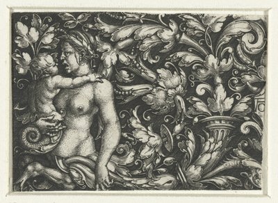 Ornament met bladranken en een vrouwelijke triton met kind door Heinrich Aldegrever
