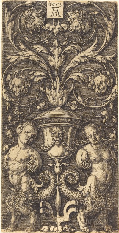 Ornament met Vaas en Twee Vrouwelijke Figuren door Heinrich Aldegrever