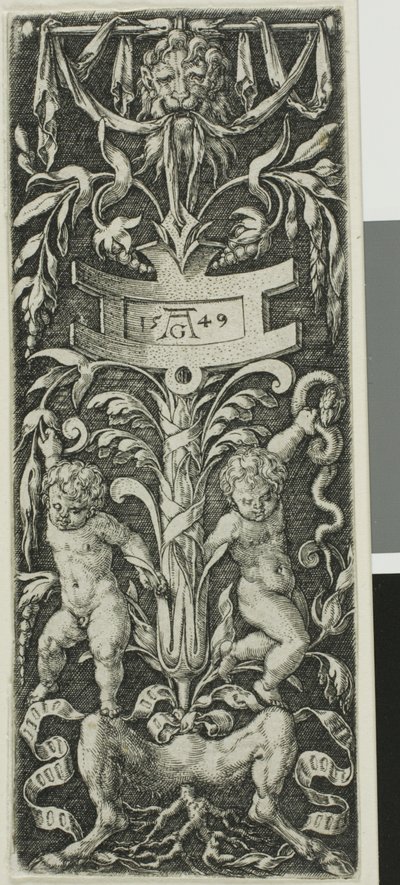 Ornamentpaneel met twee naakte jongens op de benen van een sater door Heinrich Aldegrever