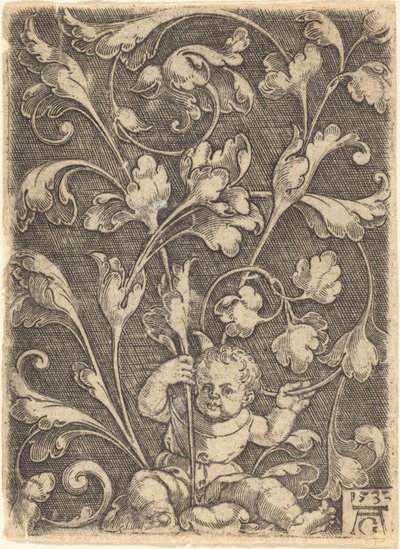 Scroll ornament met zittend kind, 1532 door Heinrich Aldegrever