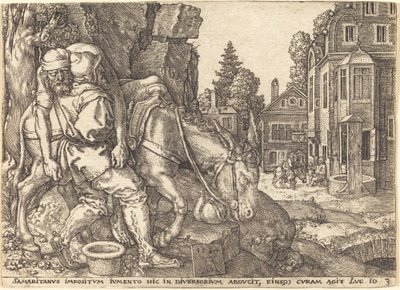 De Barmhartige Samaritaan die de Reiziger op een Muilezel Plaatst door Heinrich Aldegrever