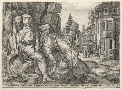 De Parabel van de Barmhartige Samaritaan: De Barmhartige Samaritaan Zet de Reiziger op Zijn Ezel door Heinrich Aldegrever