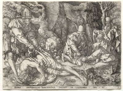 De Parabel van de Barmhartige Samaritaan: De Rovers Aanvallen de Reizigers door Heinrich Aldegrever