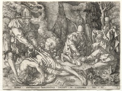De gelijkenis van de barmhartige Samaritaan: De rovers die de reizigers aanvallen, 1554 door Heinrich Aldegrever