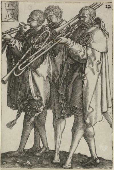 Drie trombonisten, plaat twaalf uit De grote bruiloftsdansers door Heinrich Aldegrever