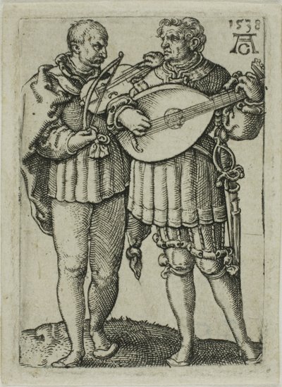 Twee muzikanten die viool en luit spelen, plaat één uit de Kleine bruiloftsdansers door Heinrich Aldegrever