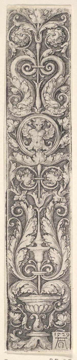 Verticaal paneel met een kandelaar met een medaillon met een centaur en een paar dolfijnen, 1529 door Heinrich Aldegrever