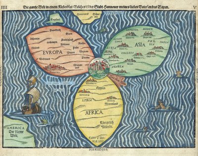 De drie continenten met Jeruzalem in het midden van de wereld door Heinrich Buntig