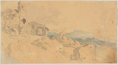 Berglandschap met hut en ruïne door Heinrich Burkel