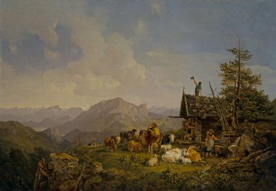 Landschap in Oberbayen met herders en hun vee rustend bij een hut door Heinrich Burkel