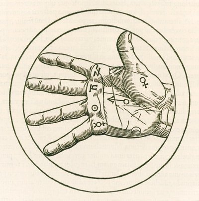 De hand van handleeskunde gravure uit De occulta philosophia libri tres door Heinrich Cornelius Agrippa von Nettesheim