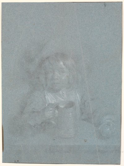 Een jongen aan een tafel met een appel en een beker in zijn handen door Heinrich Dittmers
