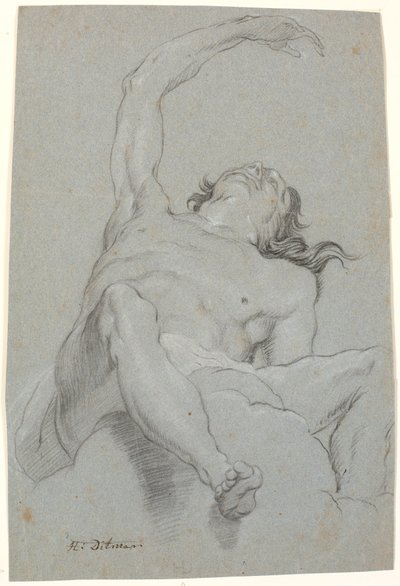 Naakte man, gezien "de sotto in su". Studie voor figuur in plafondschildering door Heinrich Dittmers