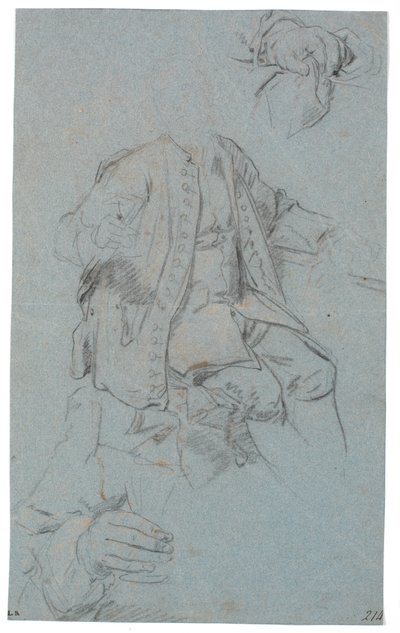 Studie van zittende man (hoofd slechts gesuggereerd) en twee detailstudies van handen door Heinrich Dittmers