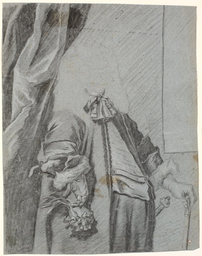 Studie voor een mannenportret, 3/4 figuur, rechterhand met handschoen, leunend op de zij, linkerhand leunend op stok door Heinrich Dittmers