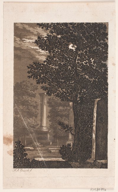 Van Assistens Kerkhof, (volgens oude veilingcatalogus) park met zuil in maanlicht door Heinrich Grosch
