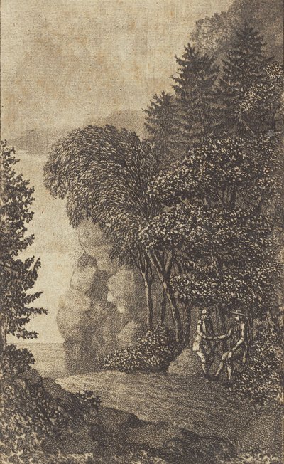 Landschap met rotsen en grote bomen, rechts twee mannen door Heinrich Grosch