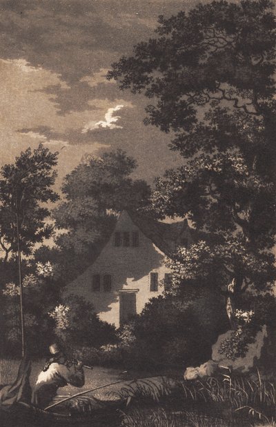 Landschap met maanlicht en fluitspeler door Heinrich Grosch