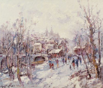Winters Tafereel in een Franse Kathedraalstad door Heinrich Hansen