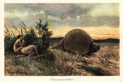 Primitieve mannen met speren jagen op een glyptodon door Heinrich Harder