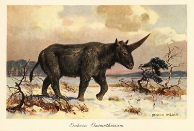 Siberische eenhoorn, Elasmotherium sibiricum, op een besneeuwde vlakte door Heinrich Harder