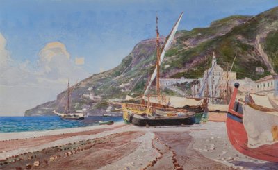 Amalfi, vissersboten op het strand door Heinrich Hermanns