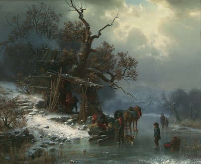 Winterlandschap met figuren op een bevroren rivier, 1867 door Heinrich Hofer