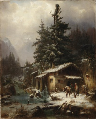 Winterlandschap met figuren rustend bij een watermolen, 1866 door Heinrich Hofer