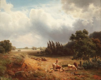 Boslandschap met een Herderin en haar Vee door Heinrich Hofer