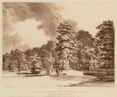 Uitzicht op de tuinen van Hampton Court Palace door Heinrich Joseph Schuz