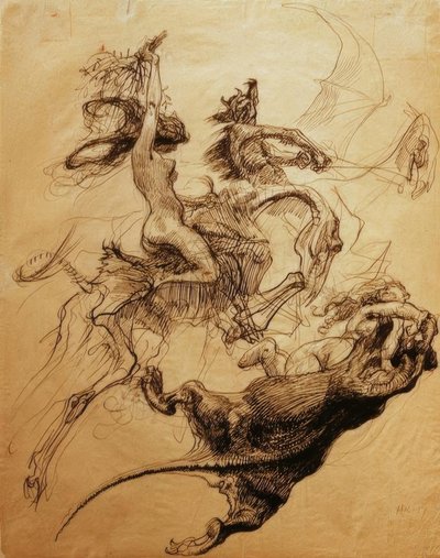 Naakte vrouw rijdt op skelet en duivel op pterodactylus door Heinrich Kley