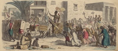 Een oude Egyptische farao vertrekt naar de oorlog (gekleurde gravure) door Heinrich Leutemann