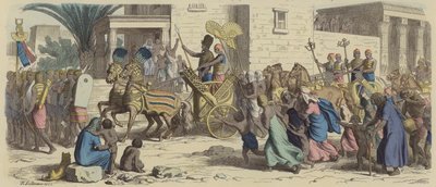 Een oude Egyptische farao vertrekt naar de oorlog (gekleurde gravure) door Heinrich Leutemann
