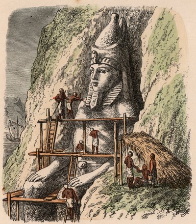 Oud Egypte: Beeldhouwwerk van een standbeeld van de Abu Simbel Tempel, 1866 door Heinrich Leutemann
