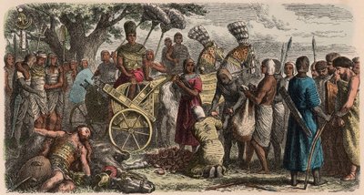 Oud Egypte: de gevangenen voor de zegevierende farao Ramses II gebracht, om hun handen af te hakken, 1866 door Heinrich Leutemann