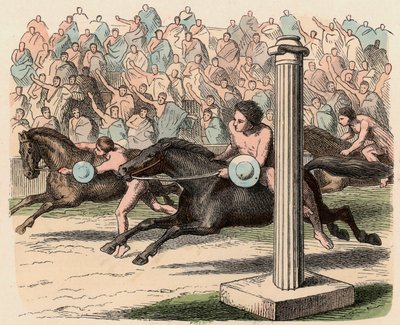 Oud Griekenland: Sport: Op- en afstijgen van een paard in volle vaart door Heinrich Leutemann